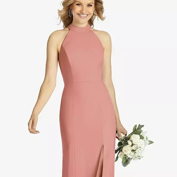 New Dessert Rose Crepe Dress, Halter Keyhole Back Bridesmaid Formal Leg Slit - Picture 1 of 14